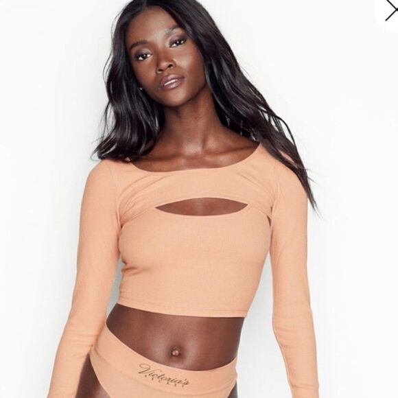 VICTORIA’S SECRET Melon Colored Ribbed Long-Sleeve Crop Top & Tank. Large. EUC! - Picture 1 of 9